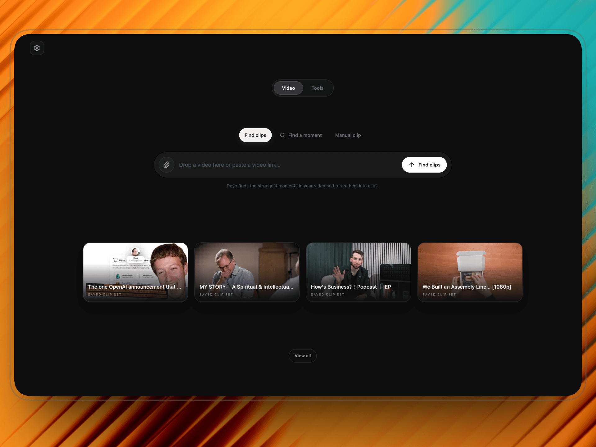Deyn Studio home screen with a video ready and saved clip sets